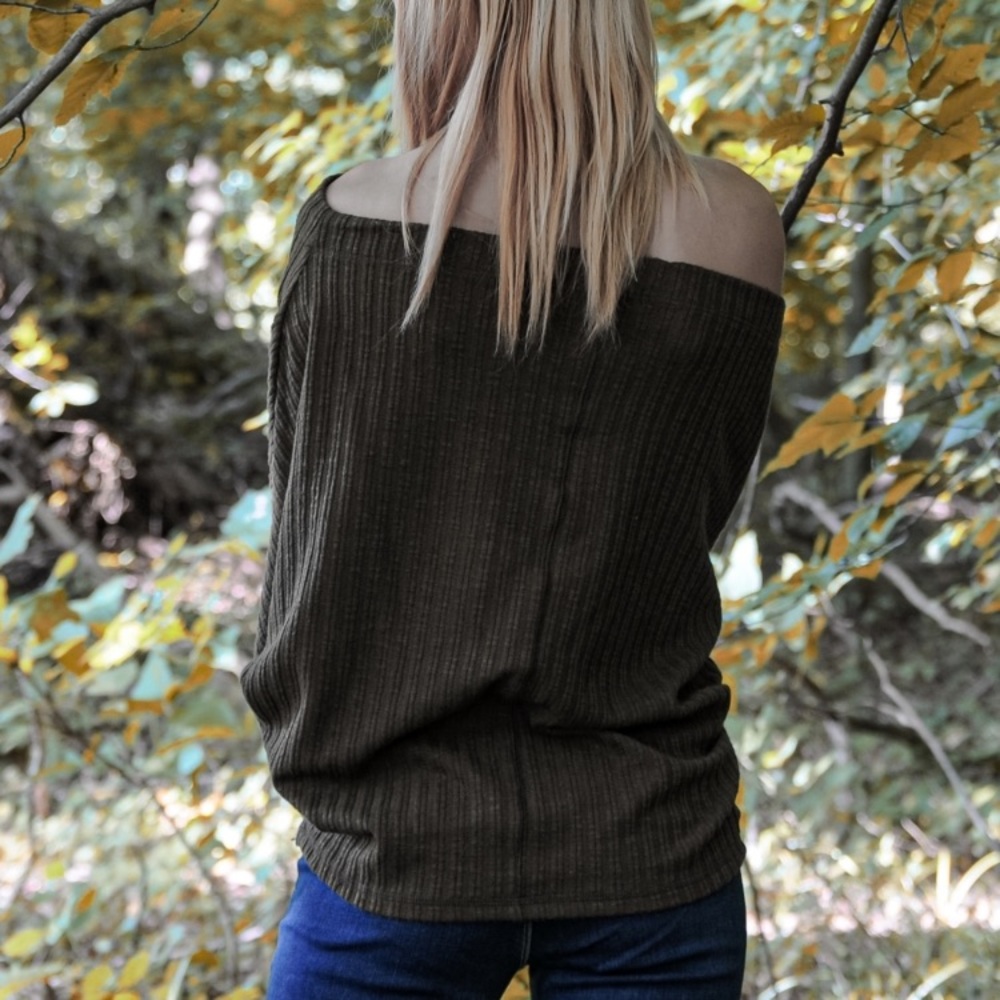 NEW Threadzwear Off the Shoulder Long Sleeve Olive Color Top - Picture 7 of 15